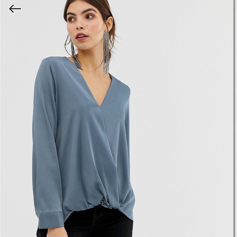 Satin slate gray faux wrap blouse size 14!